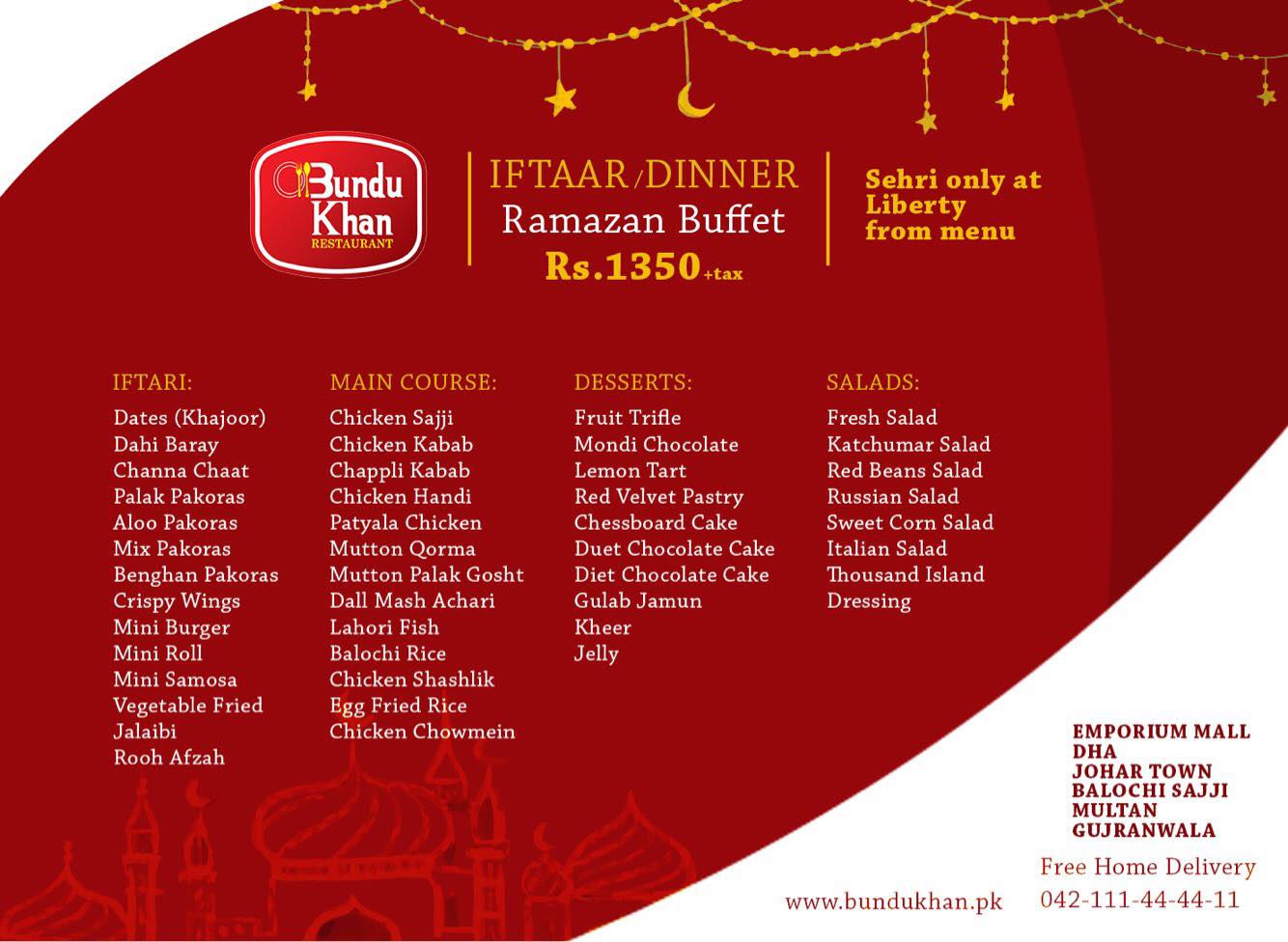 Bundu Khan Ramadan Buffet Iftar Deal 2017! PKR 1350 + Tax What's On Sale